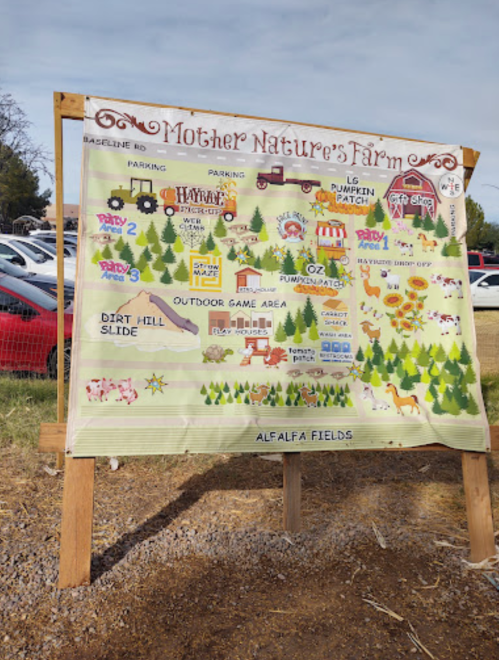 Map of Mother Nature's Farm, showing attractions like a pumpkin patch, game area, and parking details.