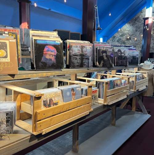 A wooden display of vinyl records in crates, with various album covers visible in a cozy store setting.