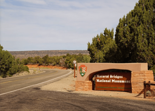Sign for Natural Bridges National Monument at the roadside, with desert landscape and trees in the background.