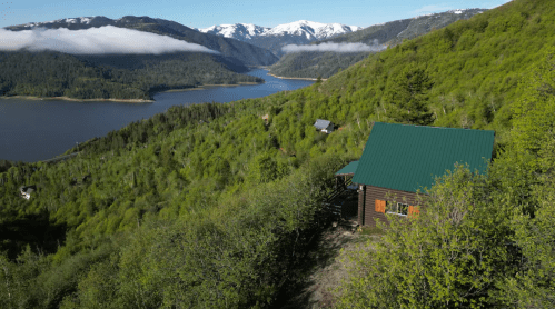 A scenic view of a green valley with a river and mountains, featuring a cabin with a green roof in the foreground.