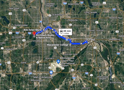 Map showing a route from the Bob Dylan Mural to Birchbark Books & Native Arts in St. Paul, Minnesota.