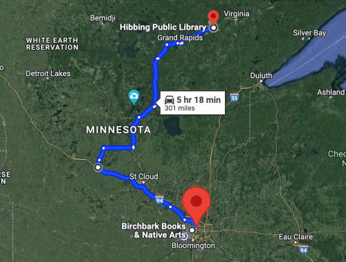 Map showing a route from Hibbing Public Library to Birchbark Books & Native Arts in Bloomington, Minnesota, covering 301 miles.