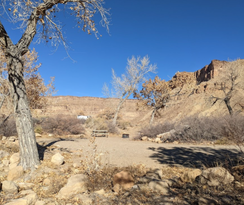 A barren campsite surrounded by rocky terrain and sparse trees under a clear blue sky.