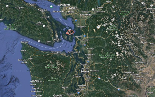 Map showing the Pacific Northwest region, including Vancouver, Seattle, and surrounding waterways and mountains.
