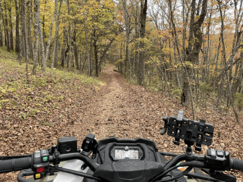 View from an ATV on a dirt trail surrounded by autumn trees with colorful leaves.
