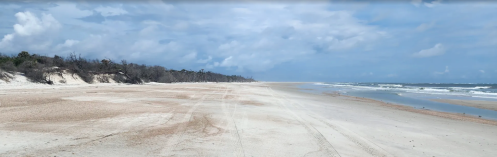 A wide, sandy beach stretches under a cloudy sky, with gentle waves lapping at the shore and sparse vegetation in the background.