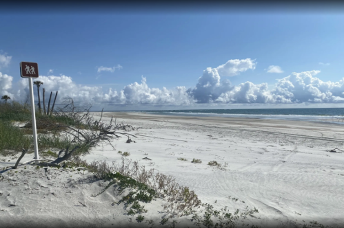 A sandy beach with a sign, scattered vegetation, and a cloudy sky in the background.