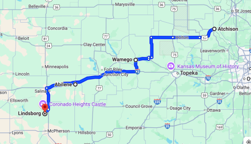 Map showing a route from Lindsborg to Atchison, Kansas, passing through Abilene, Wamego, and Holton.