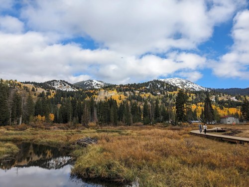 Scenic view of mountains with autumn foliage, a clear sky, and a person walking near a reflective pond.