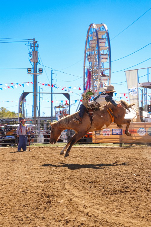 A cowboy rides a bucking horse at a rodeo, with a ferris wheel and colorful banners in the background.