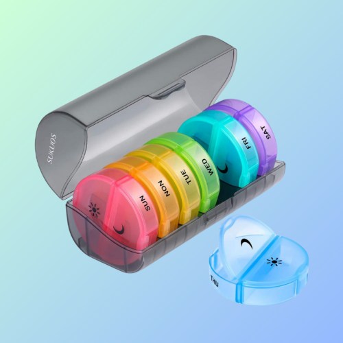 A colorful weekly pill organizer with compartments for each day, set against a gradient background.