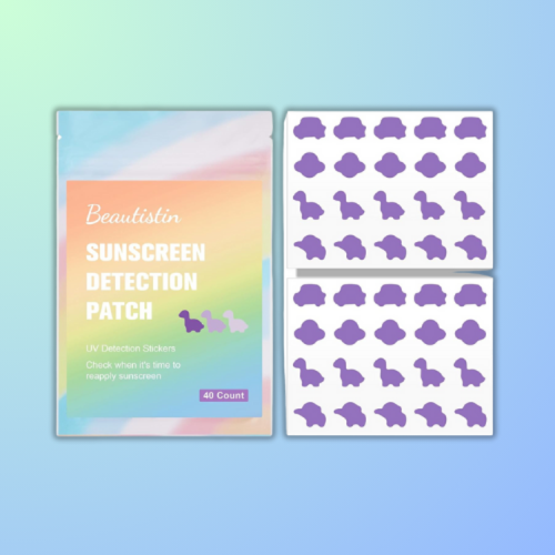 Colorful packaging for Beautistin Sunscreen Detection Patch with purple detection stickers on a gradient background.