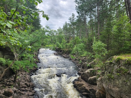 Rushing river flanked by green trees and rocks