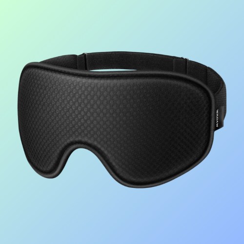Black sleep mask with a textured surface, set against a gradient blue background.