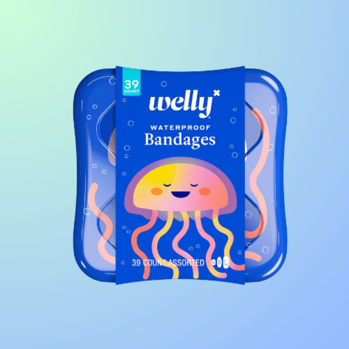 A pack of Welly waterproof bandages featuring a cute jellyfish design, containing 39 assorted bandages.