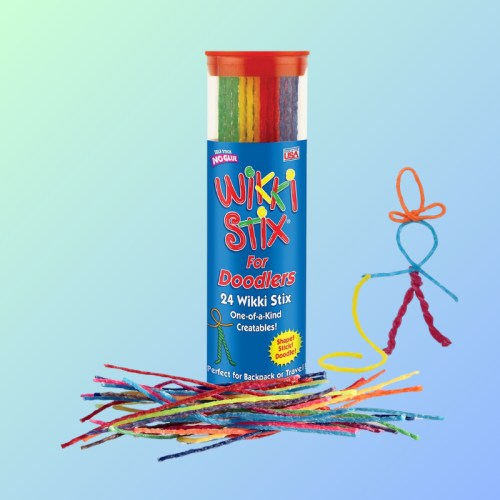 A colorful container of Wikki Stix with various colorful strands and a figure made from the stix on a gradient background.