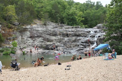 A rocky riverbank with people swimming and relaxing, surrounded by lush greenery and a small waterfall in the background.
