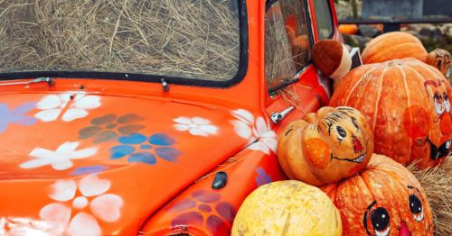A vintage orange truck surrounded by painted pumpkins and hay at a fall event.