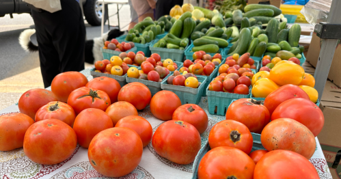 A variety of fresh tomatoes and cucumbers displayed in baskets at a farmers market.