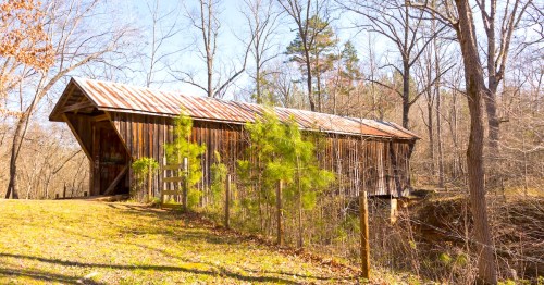 A rustic covered bridge spans a small creek, surrounded by bare trees and grassy banks in a serene landscape.