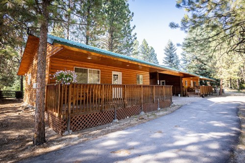 A wooden cabin surrounded by trees, featuring a porch and a gravel path leading up to it.