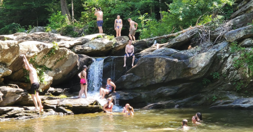 A group of people enjoying a sunny day by a rocky waterfall and swimming hole in a forested area.