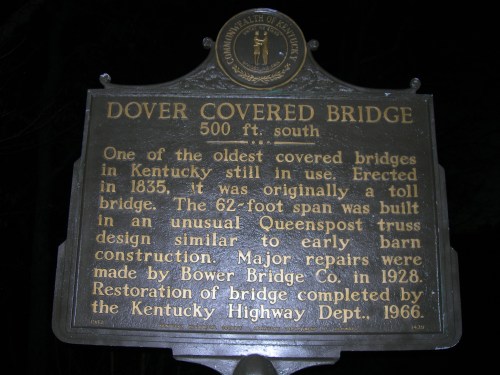 a sign showing historical information for dover covered bridge in kentucky