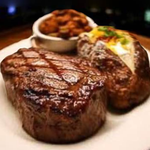 A plate featuring a grilled steak, a baked potato topped with cheese, and a side of beans.