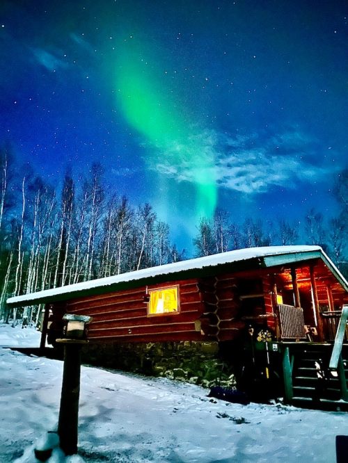 A cozy log cabin under a starry night sky, illuminated by the Northern Lights and surrounded by snow-covered trees.