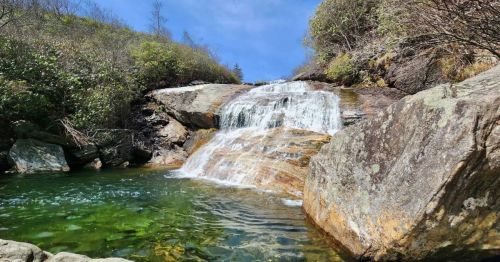 A serene waterfall cascades over rocks into a clear pool, surrounded by lush greenery and a blue sky.