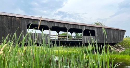 A wooden covered bridge spans a small pond, surrounded by tall green grass and a cloudy sky.
