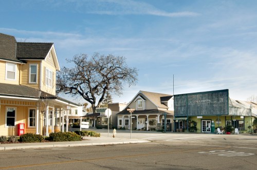 A quaint small town scene featuring charming houses, a large tree, and a storefront with a weathered facade.