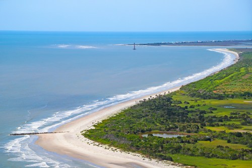 View of Folly Beach and Morris Light from a helicopter