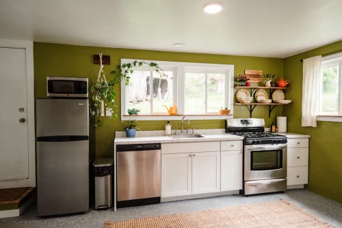 A modern kitchen with green walls, white cabinets, stainless steel appliances, and a window with natural light.