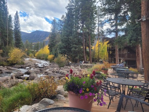A scenic view of a river surrounded by trees and mountains, with outdoor seating and colorful flowers in the foreground.