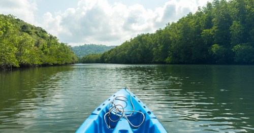 Blue kayak floating along the river in Georgia on a summer day