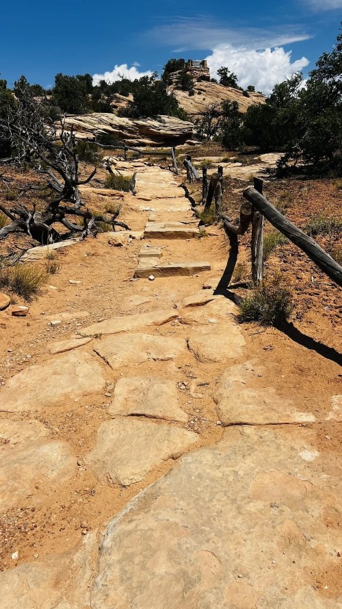 A rocky path leads through a dry landscape, bordered by wooden fences and scattered vegetation under a blue sky.