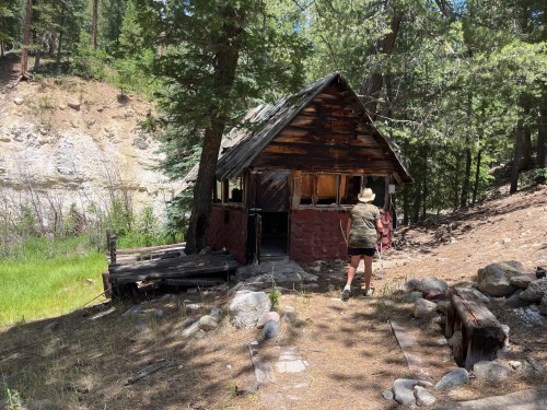 A person in a hat stands near an old, weathered cabin surrounded by trees and rocky terrain.