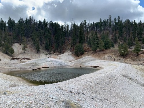 A serene landscape featuring a small pond surrounded by dry, rocky terrain and tall evergreen trees under a cloudy sky.