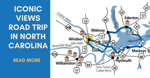 Map highlighting the Iconic Views Road Trip in North Carolina, featuring key locations and routes.
