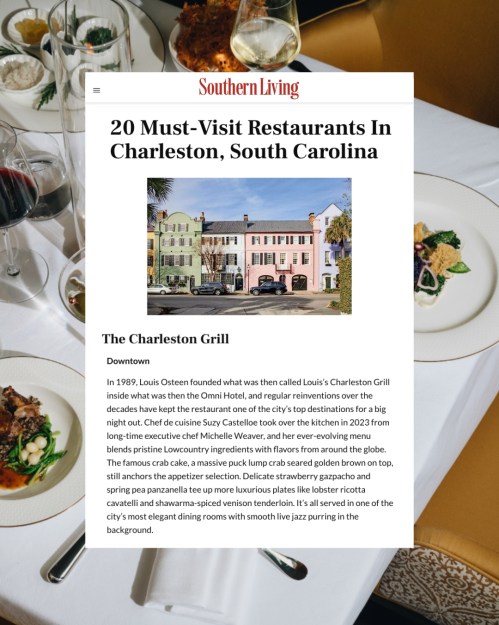 A dining table set with elegant tableware, featuring an article about must-visit restaurants in Charleston, SC.