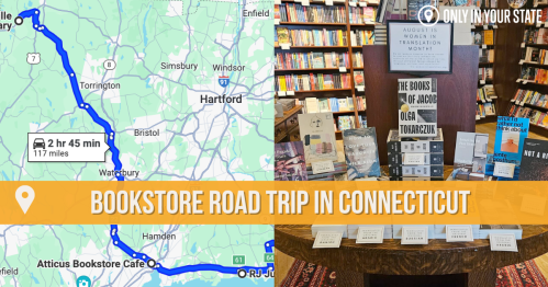 Map showing a route for a bookstore road trip in Connecticut, with a display of books at Atticus Bookstore Cafe.