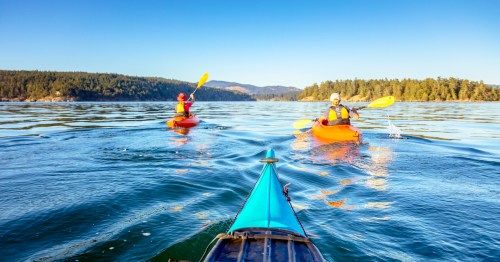 Two kayakers paddle on a calm lake, surrounded by trees and mountains under a clear blue sky.