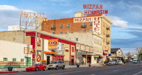 street view of downtown tonopah, nevada, with an A&W and the Mizpah Hotel on a sunny day