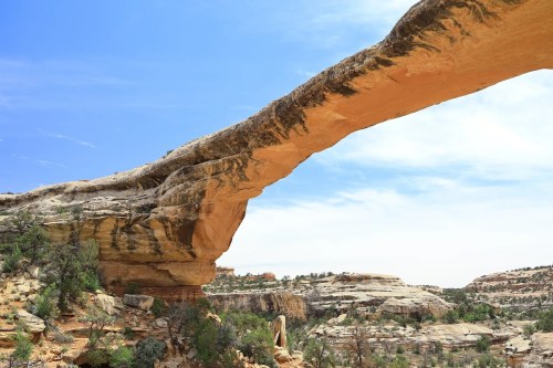 A natural rock arch spans across a desert landscape under a clear blue sky, surrounded by rugged terrain and greenery.