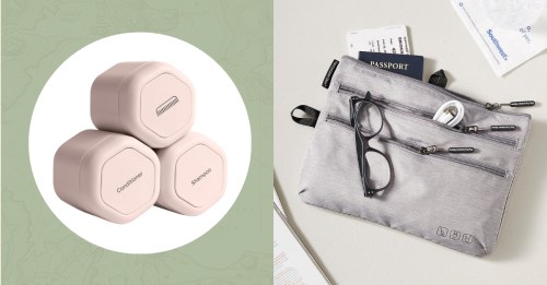 Three storage containers beside a travel pouch with glasses, a passport, and other travel essentials.