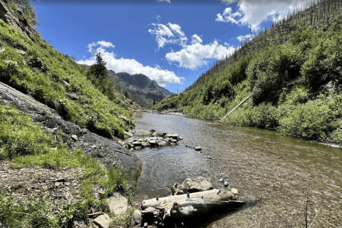 View of remote, riverside Rainbow Hot Springs near Pagosa Springs, Colorado.