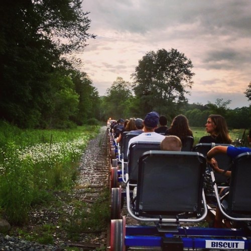 A group of people sitting on a train-like ride along a scenic, overgrown railway track under a cloudy sky.