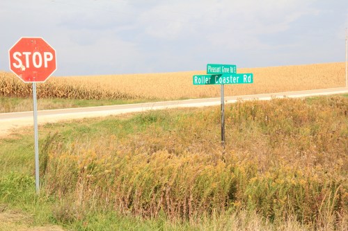 A stop sign next to a green street sign for Roller Coaster Rd, with a cornfield in the background.