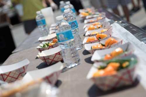 A table with water bottles and food in paper trays, featuring colorful fruits and vegetables.